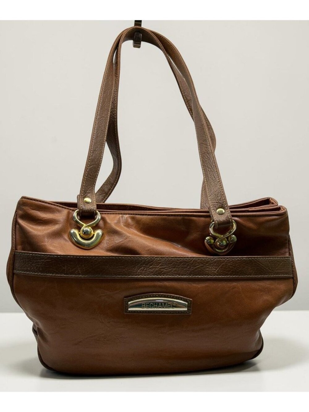 Bechamel Shoulder Hand Bag Purse Brown Faux Leather Casual Everyday Gold Accents